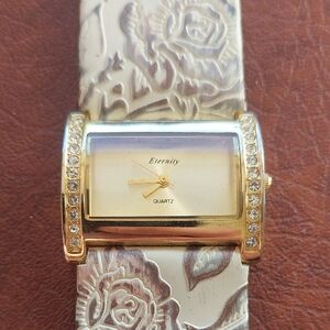 Eternity Gold Tone Rhinestone Tank Watch - Decorative Floral Band Needs Replace